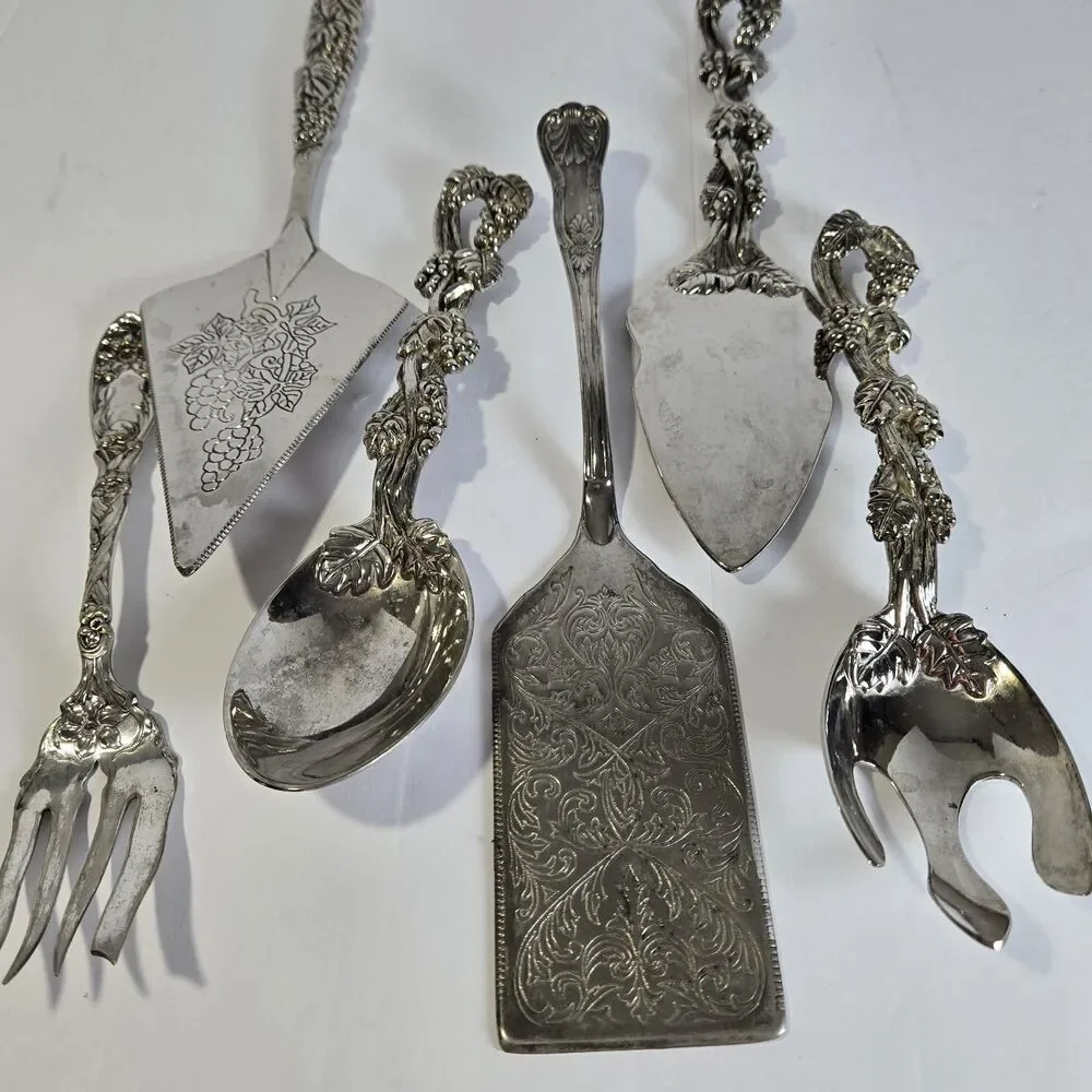 Oxford & Godinger Silverplate Serving Utensils Lot 6 Pc Grape Vine Pie Server